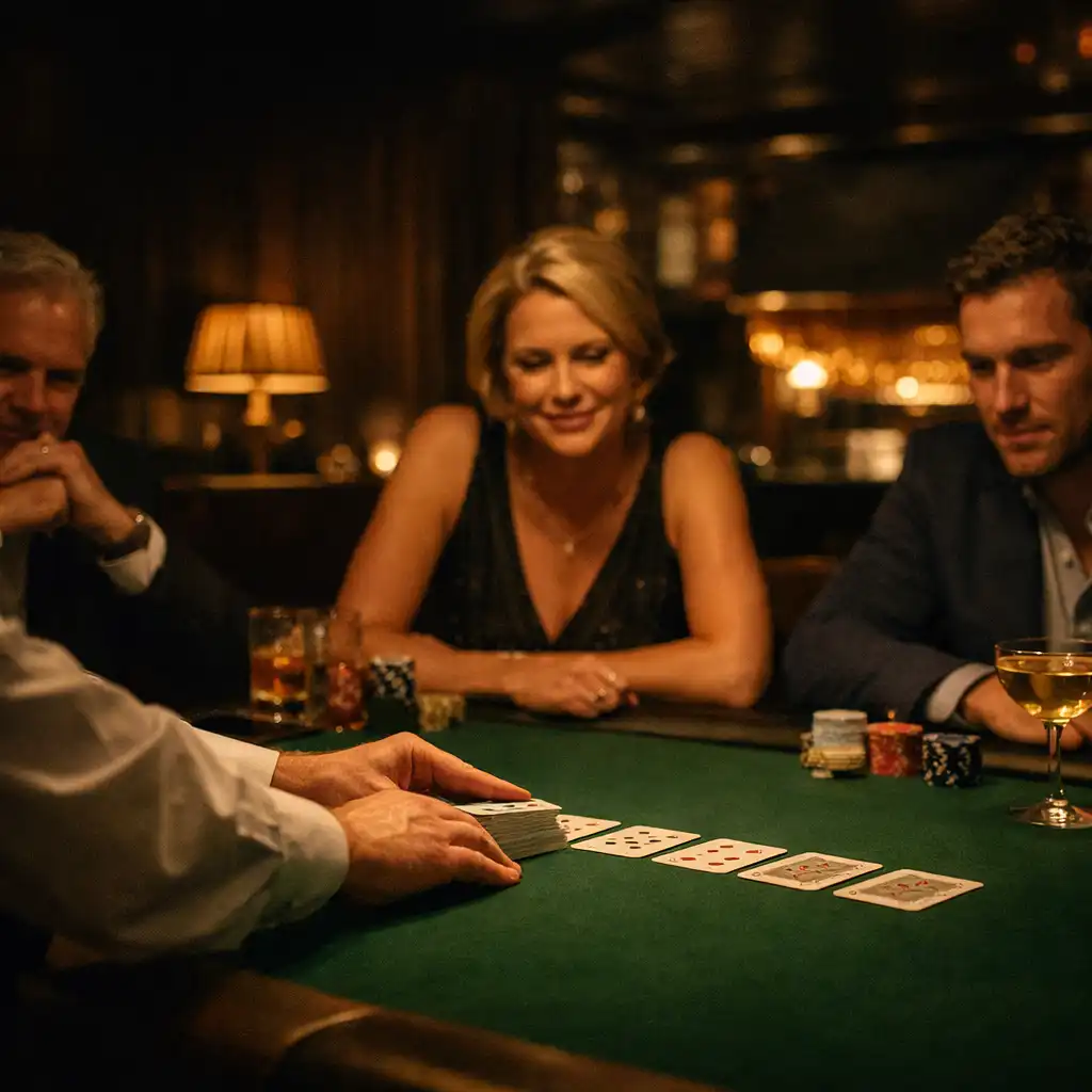 Dealer guiding cards across a green felt table in The Gilded Parlourr card room