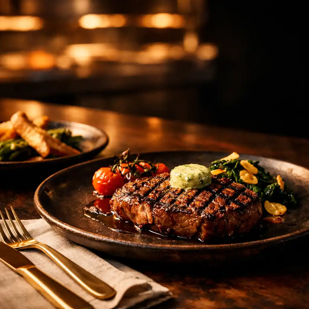 Chef-led grilled dish presented on a dark ceramic plate