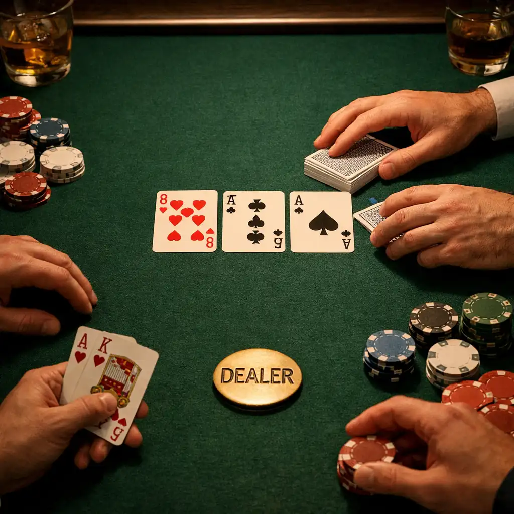 Dealer hands managing cards and poker chips on forest-green felt