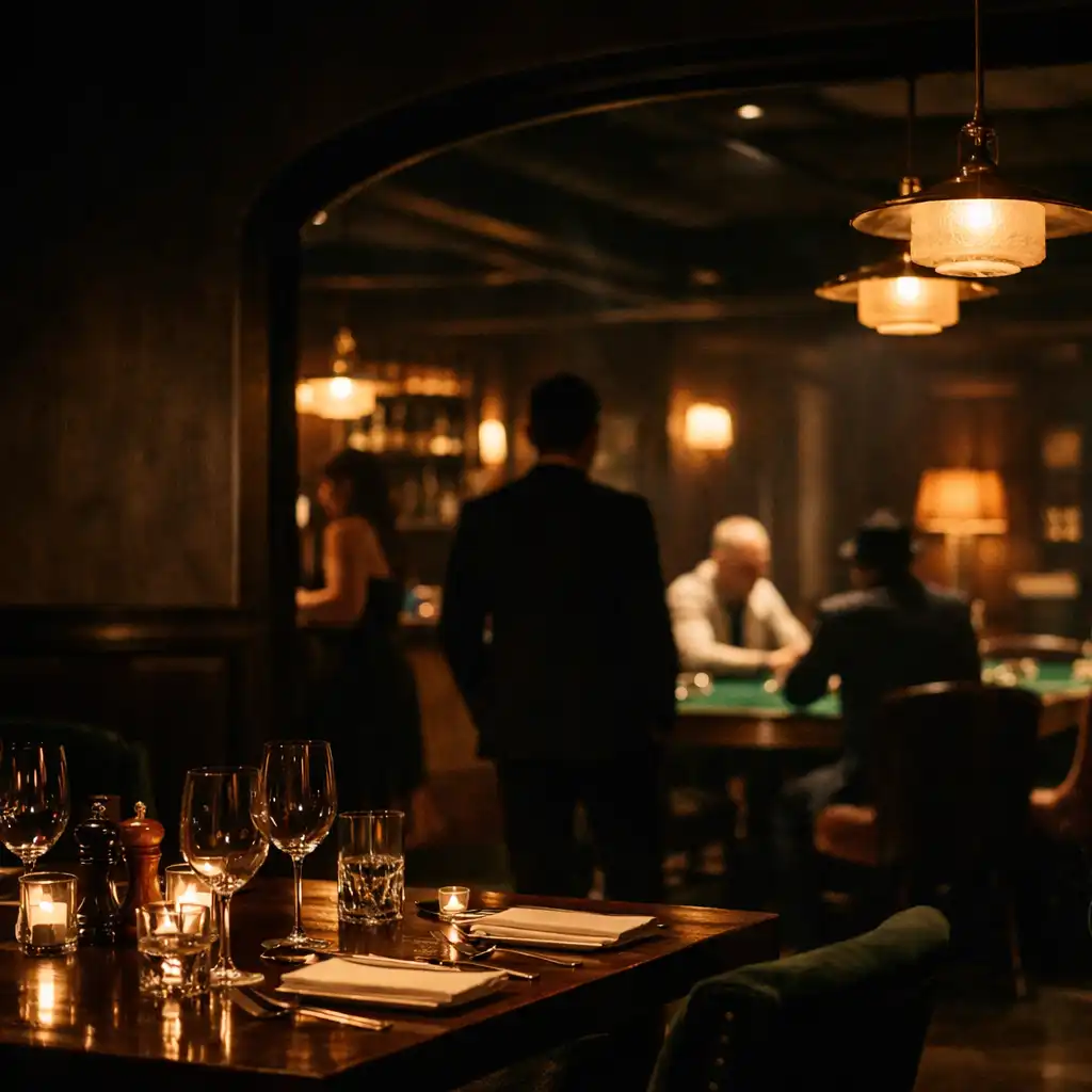 Warmly lit dining table leading toward a deep green offline poker lounge