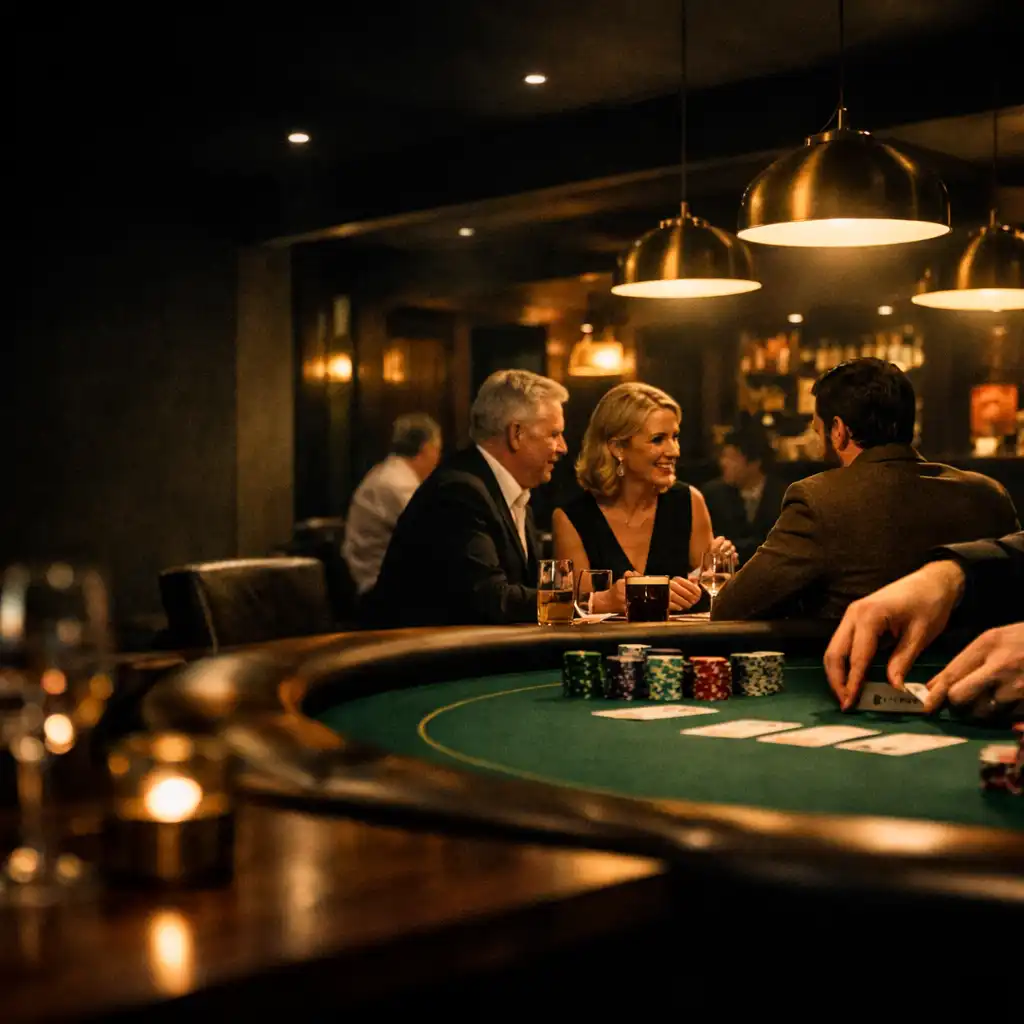 Warm restaurant dining beside an illuminated green-felt poker table