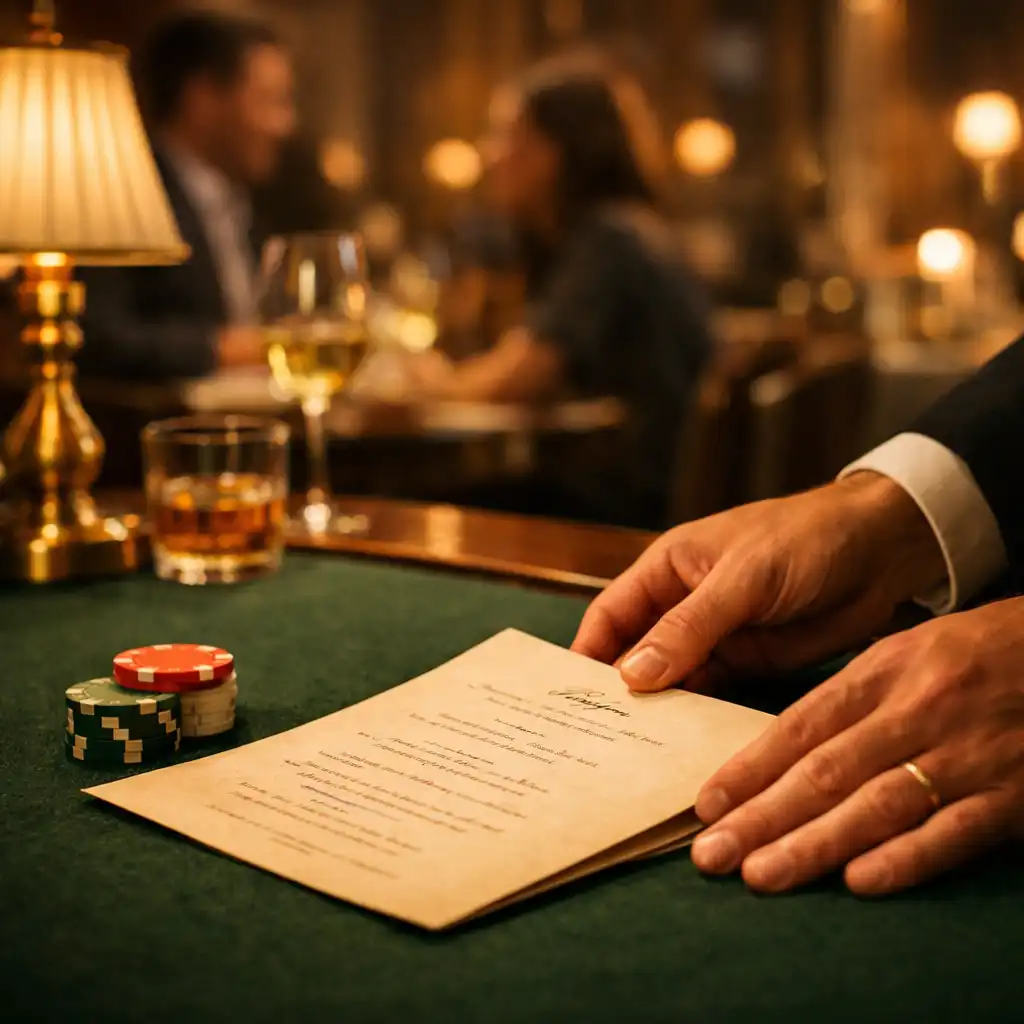 Host placing a parchment menu and poker chips on green felt beside a dining setting