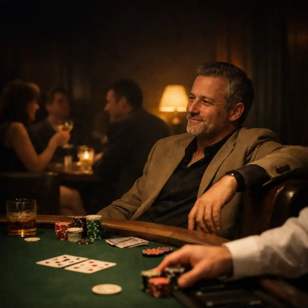 Guest seated at a green felt poker table during a social hosted tournament night