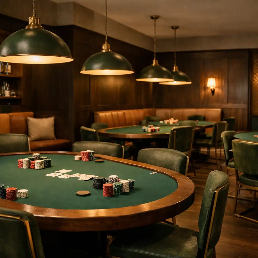 Elegant green felt poker tables and brass-edged seating inside the poker lounge