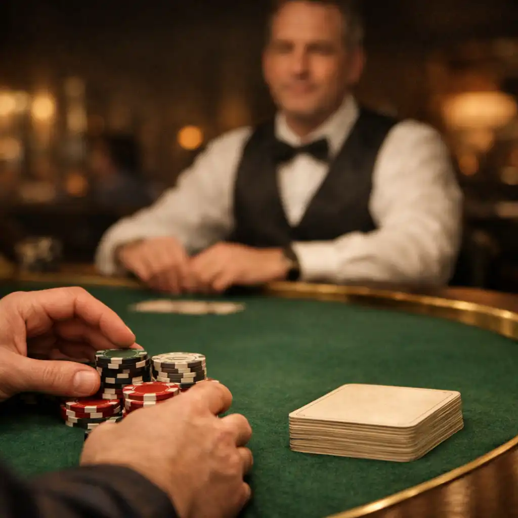 Hands arranging poker chips on green felt while a host is softly visible beyond the table
