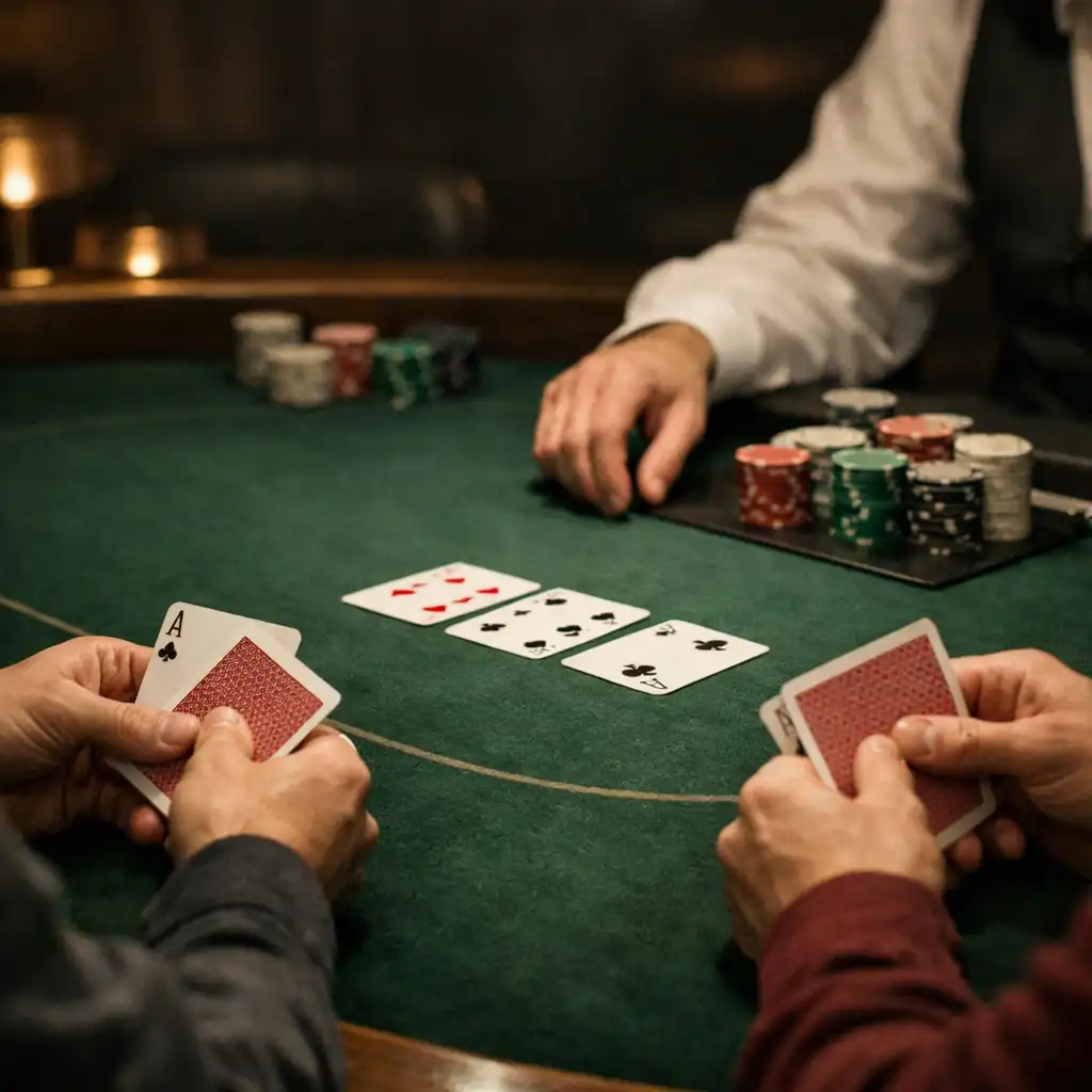 Hands holding cards above deep green felt with poker chips nearby