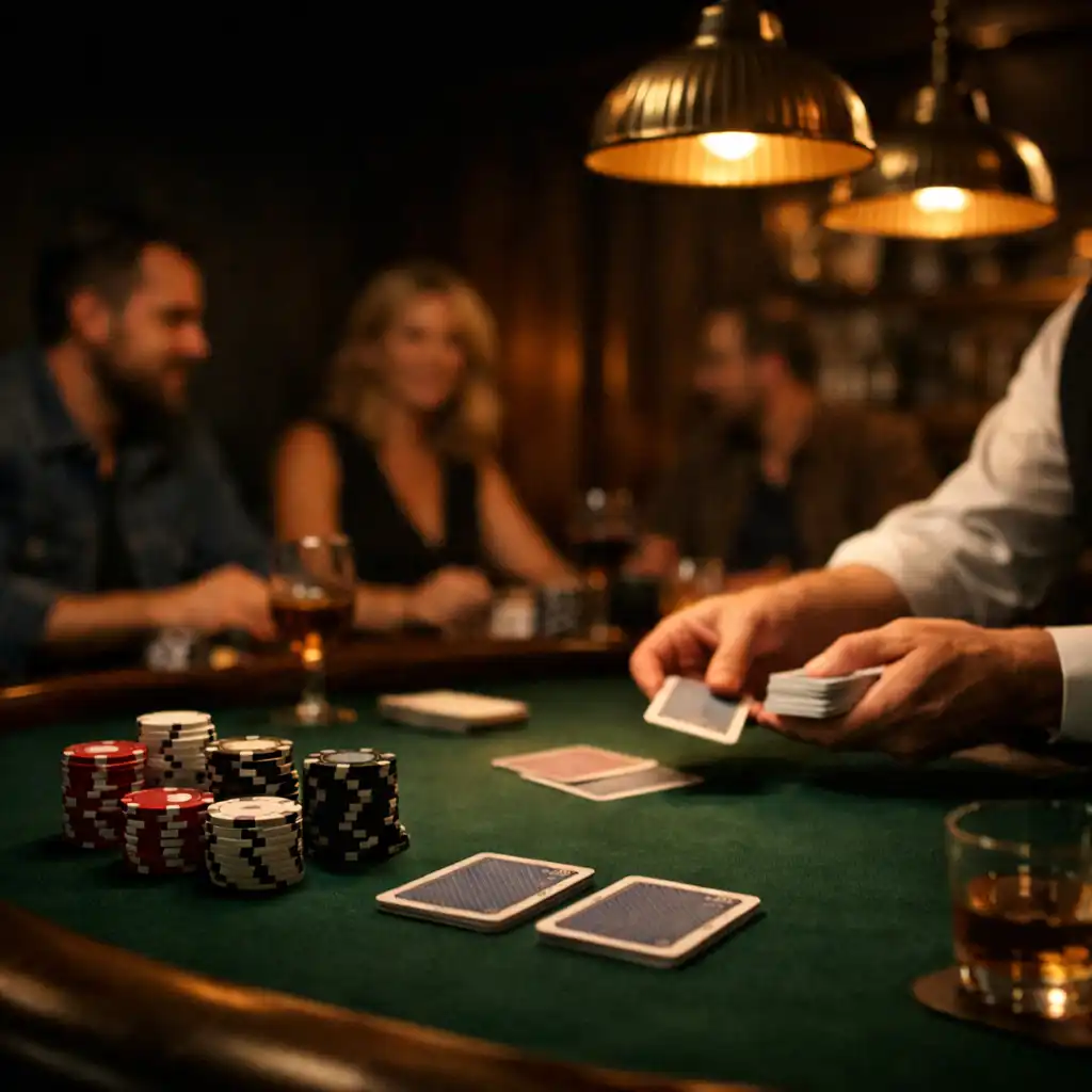 Dealer-side hands dealing cards across a green-felt poker table in The Gilded Parlourr card room
