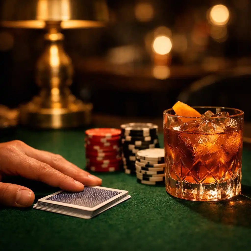 A cocktail, playing cards and poker chips on a green felt poker table