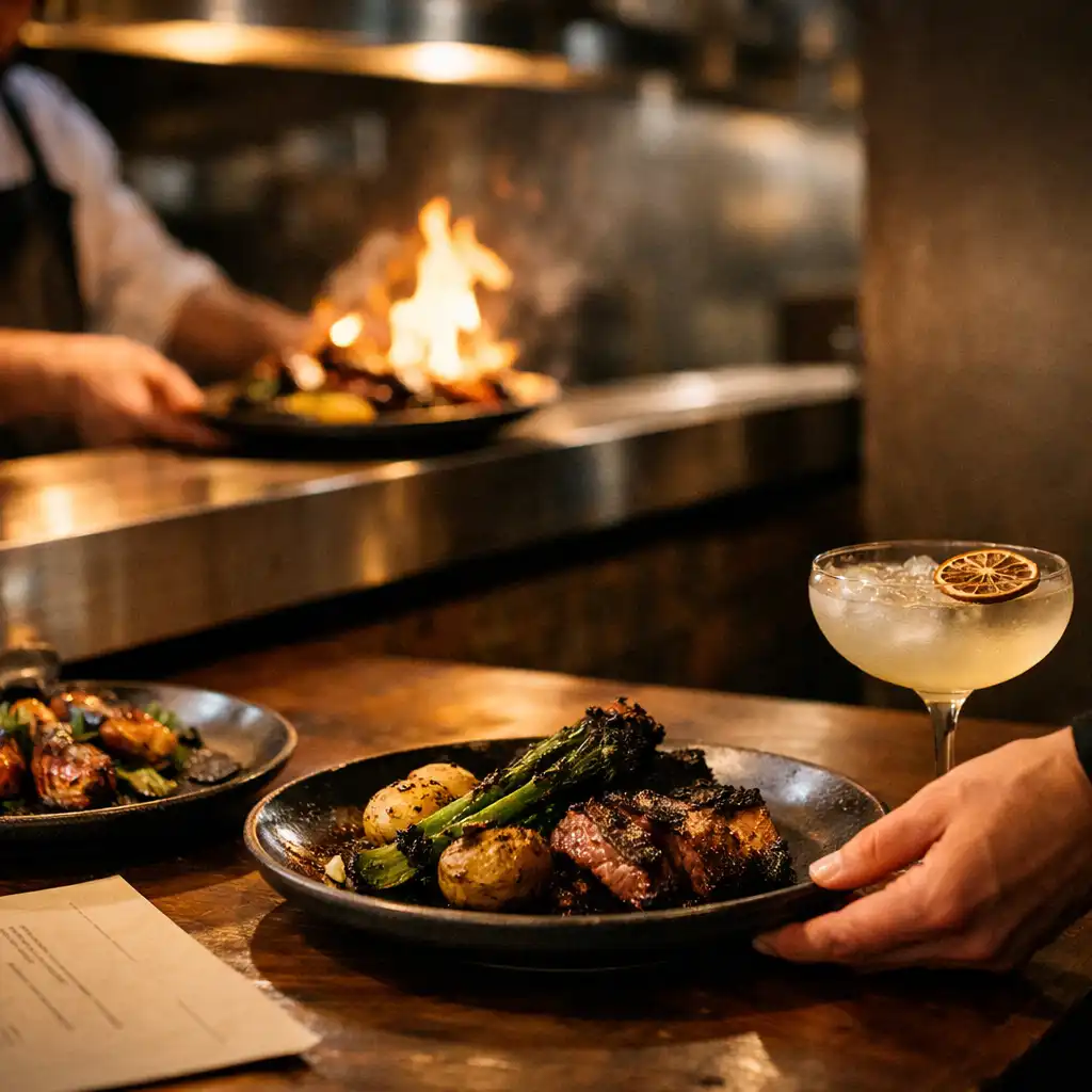 A server receiving grill dishes from a chef's pass