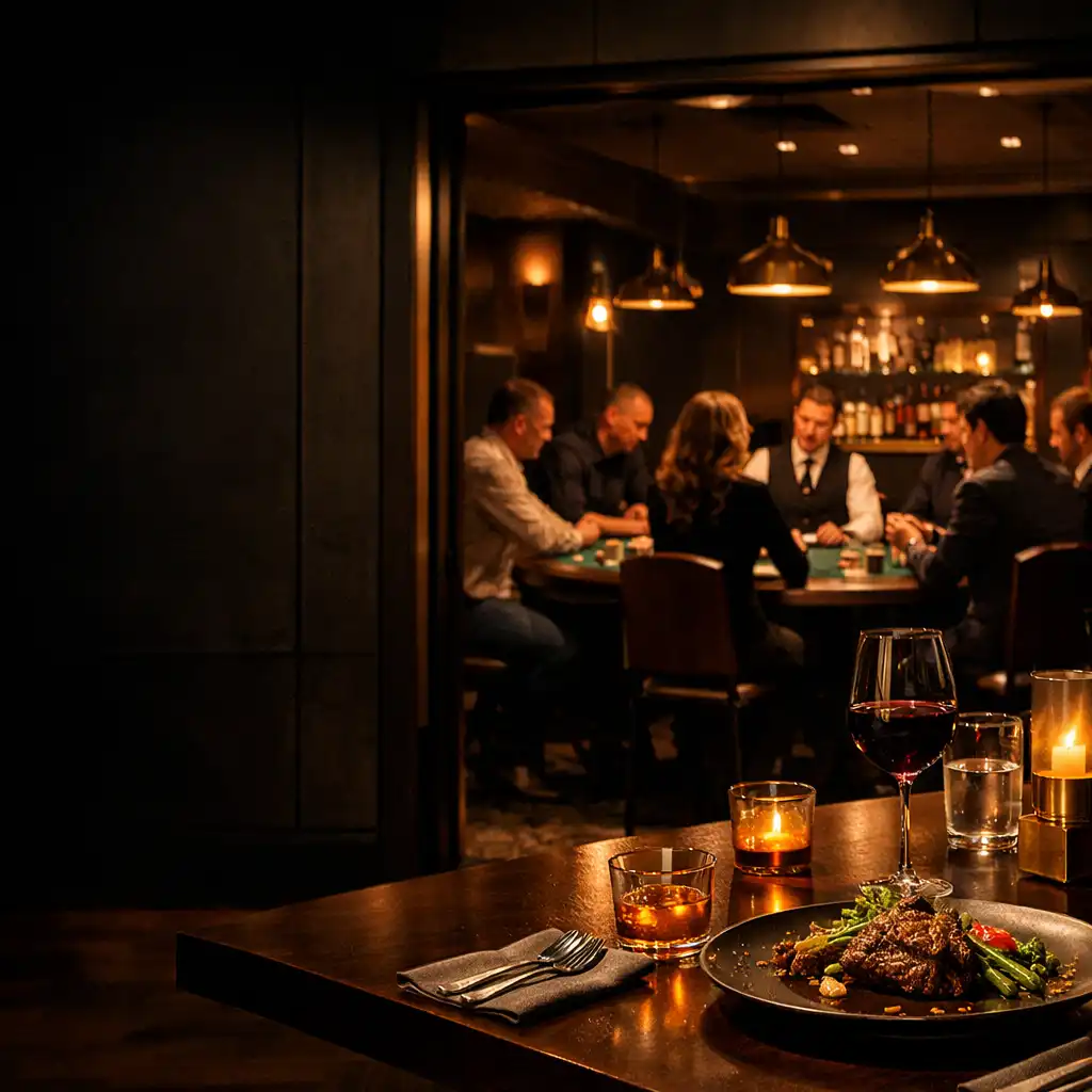 Warmly lit dining table beside the softly active card room at night