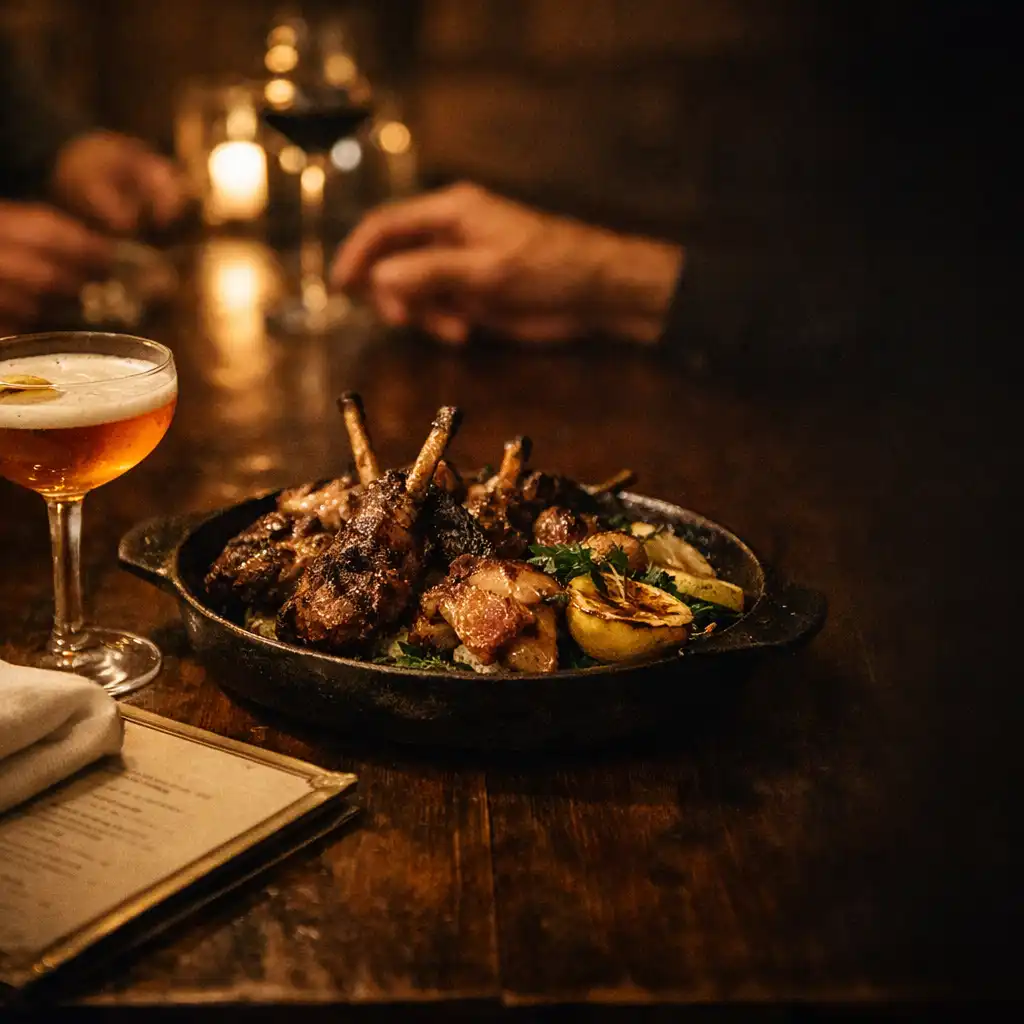 Grilled share dish and cocktail arriving at a warmly lit dining table