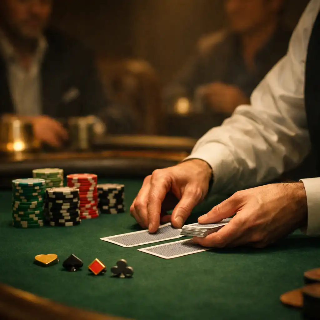 Dealer hands arranging cards and poker chips on deep green felt
