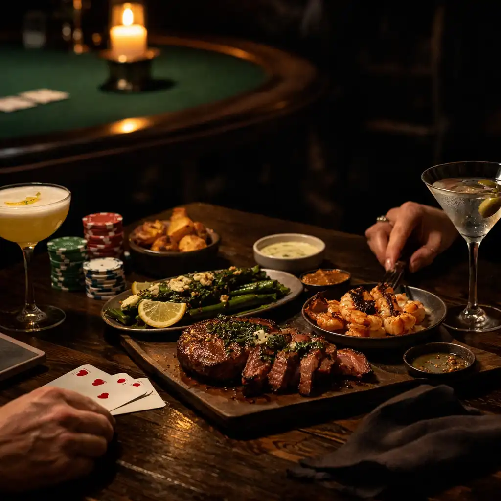 Cocktails, shared grilled plates and guests' hands at a late-night table.