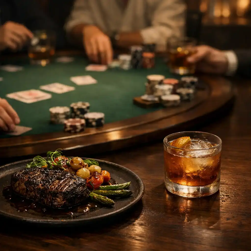 Plated charcoal-grilled dish and cocktail in the foreground with poker table activity beyond